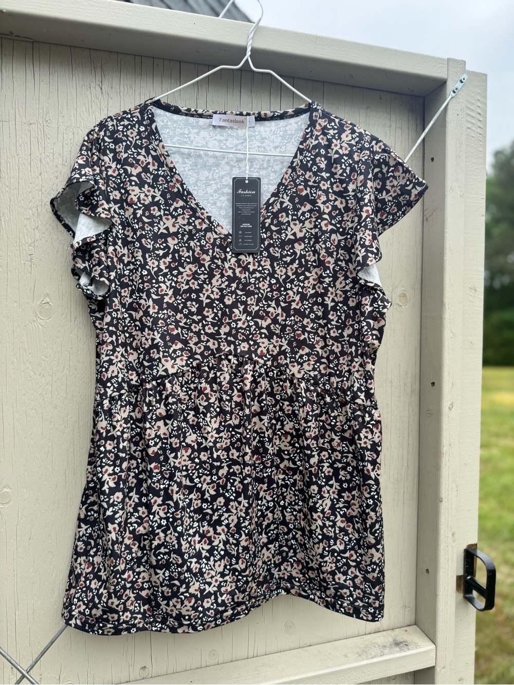 Black Floral V-Neck Ruffle Sleeve Blouse - Petite Floral Print